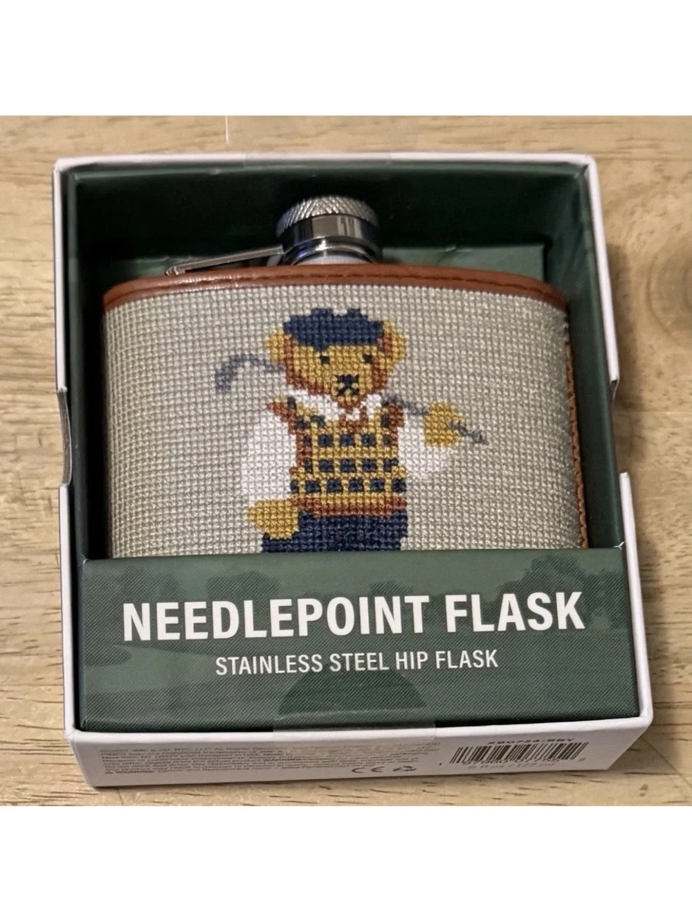 Needlepoint Bear Hip Flask - Beige with Navy & Brown